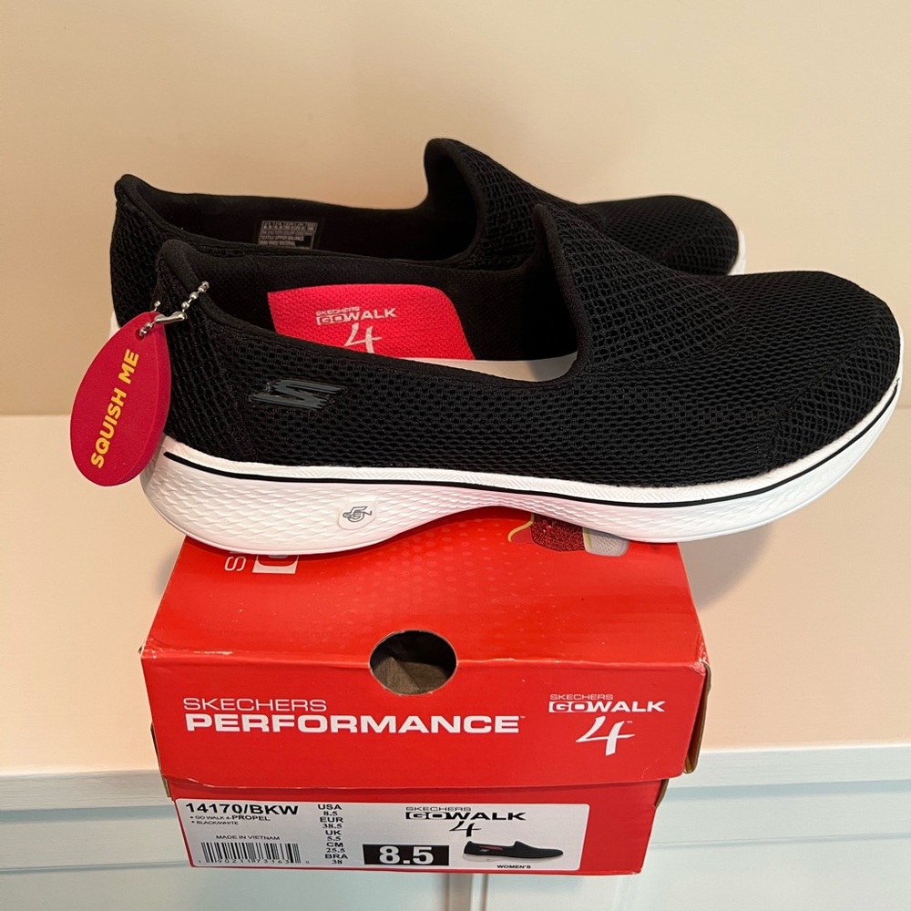 SKECHERS PERFORMANCE GOWALK 4, Black and White Slip-On Sneakers, Size 8.5